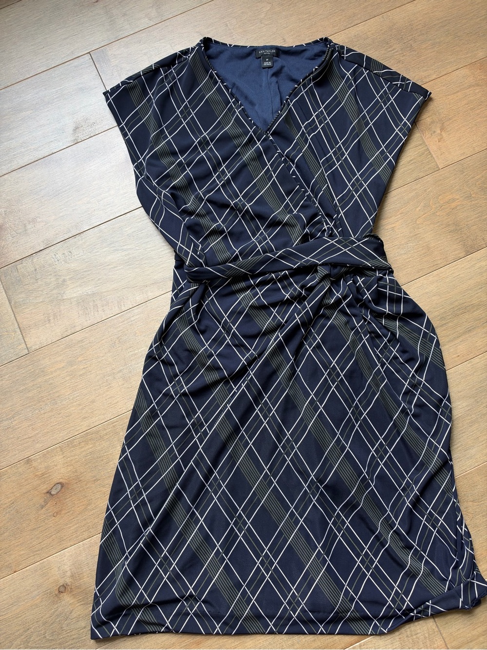 Ann Taylor Navy Plaid Wrap-Style Midi Dress